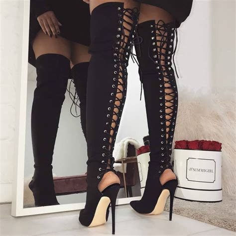 lace up to thigh heels|lace back thigh high boots.